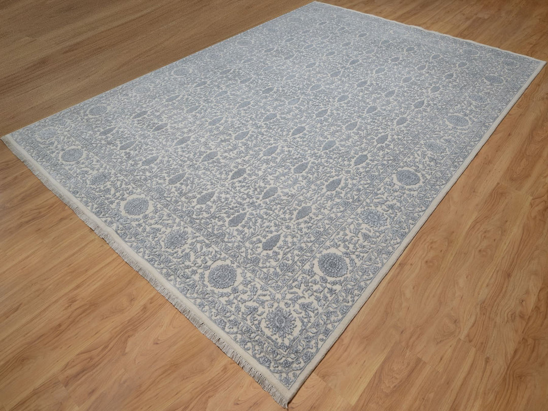 8'8" x 12'1" New Hand Knotted Ivory Wool & Silk Rectangle Oriental Rug - MOA10291367