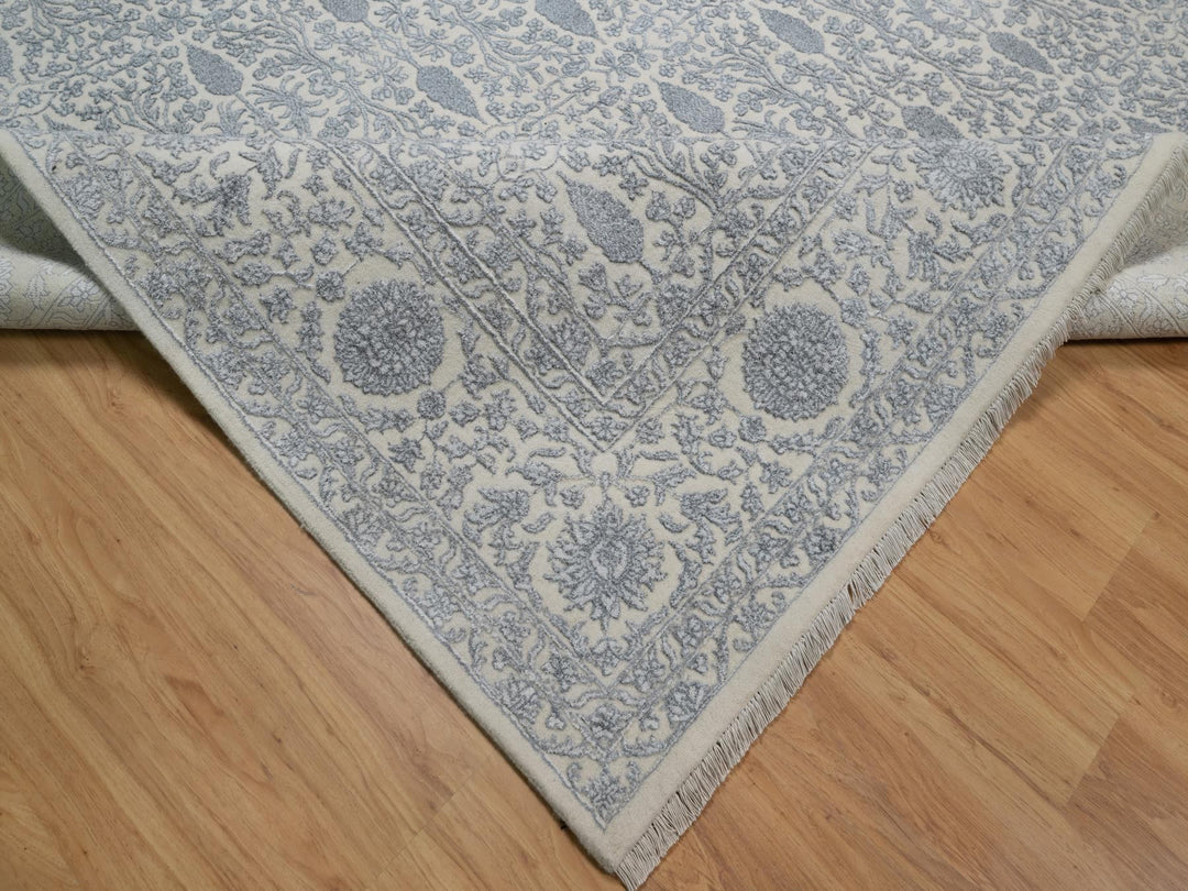 8'8" x 12'1" New Hand Knotted Ivory Wool & Silk Rectangle Oriental Rug - MOA10291367