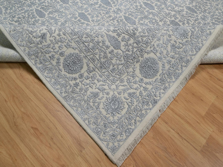 8'8" x 12'1" New Hand Knotted Ivory Wool & Silk Rectangle Oriental Rug - MOA10291367