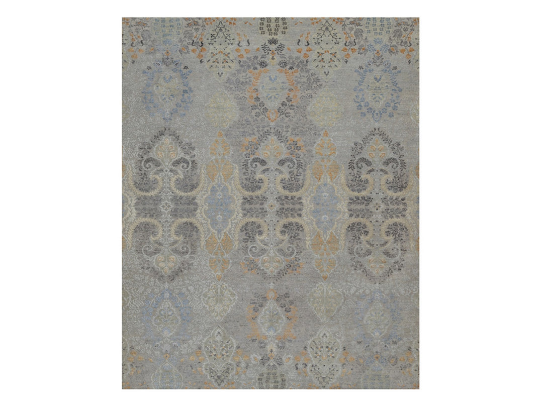 7'10" x 9'11" New Hand Knotted Grey Wool & Silk Rectangle Oriental Rug - MOA10291414