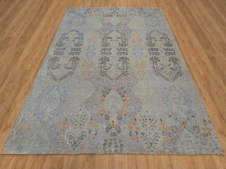 7'10" x 9'11" New Hand Knotted Grey Wool & Silk Rectangle Oriental Rug - MOA10291414