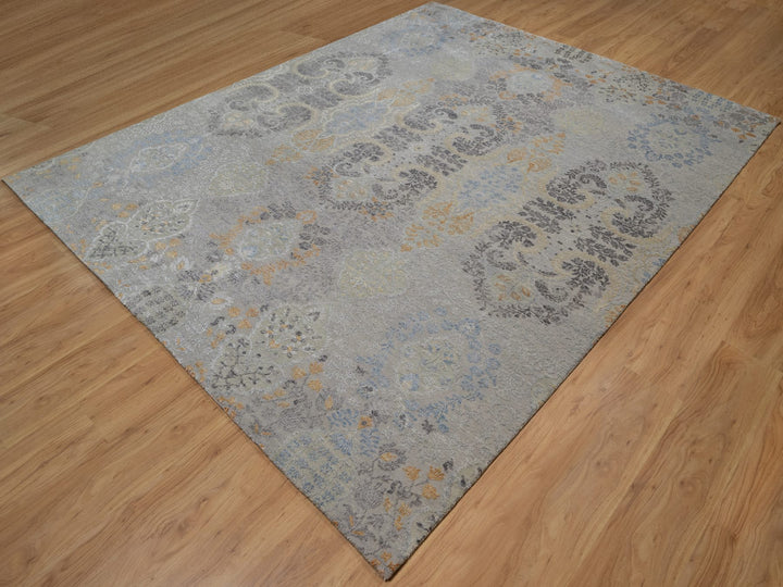 7'10" x 9'11" New Hand Knotted Grey Wool & Silk Rectangle Oriental Rug - MOA10291414