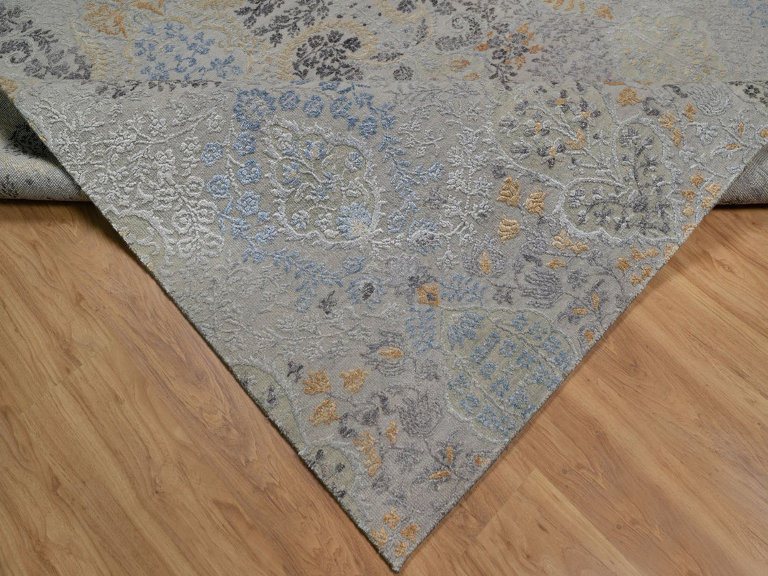 7'10" x 9'11" New Hand Knotted Grey Wool & Silk Rectangle Oriental Rug - MOA10291414