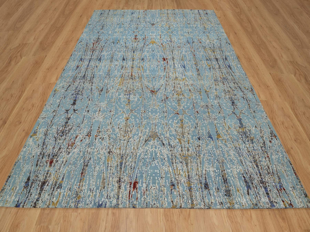 9'1" x 12'0" New Hand Knotted Blue Wool & Silk Rectangle Oriental Rug - MOA10291428