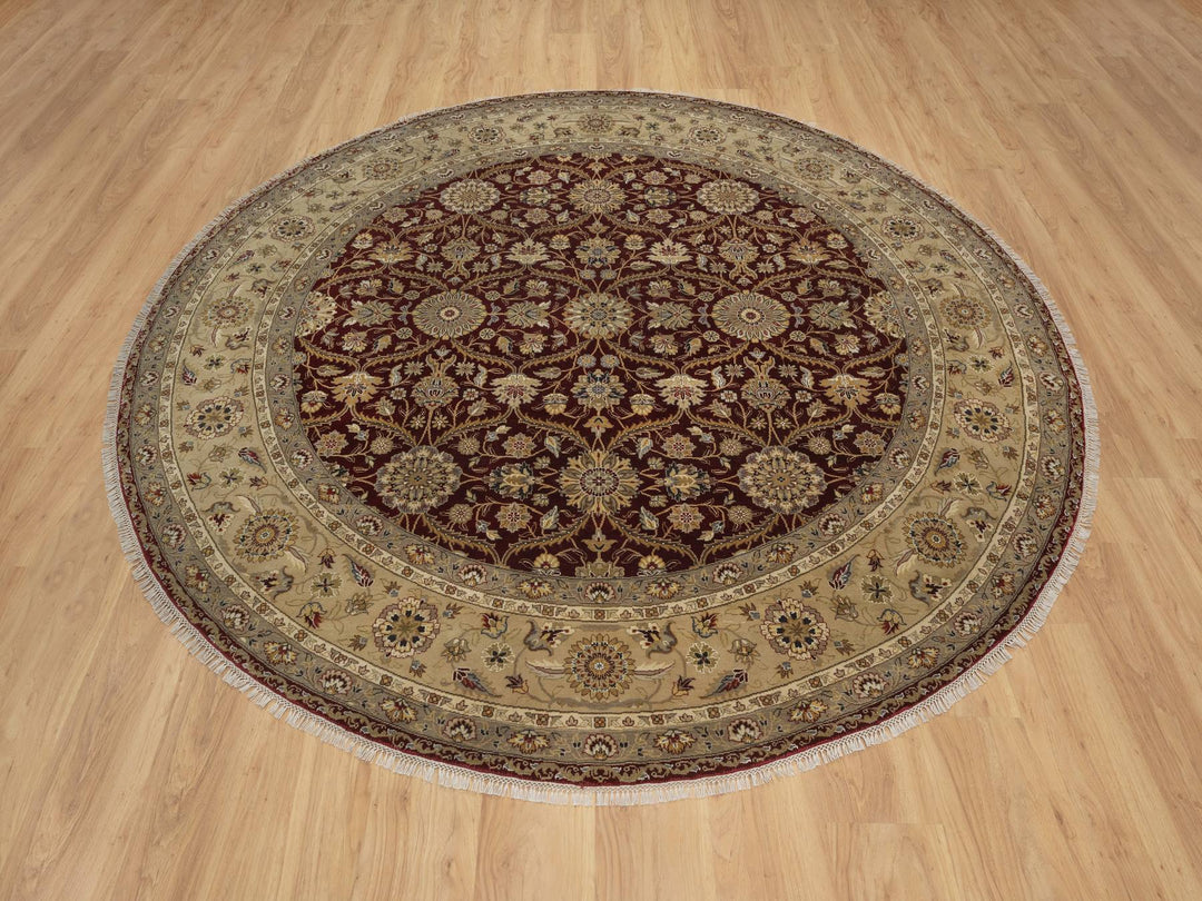 8'1" x 8'1" New Hand Knotted Red Wool & Silk Round Oriental Rug - MOA10291438