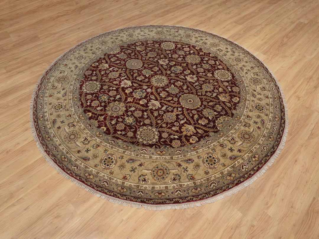 8'1" x 8'1" New Hand Knotted Red Wool & Silk Round Oriental Rug - MOA10291438
