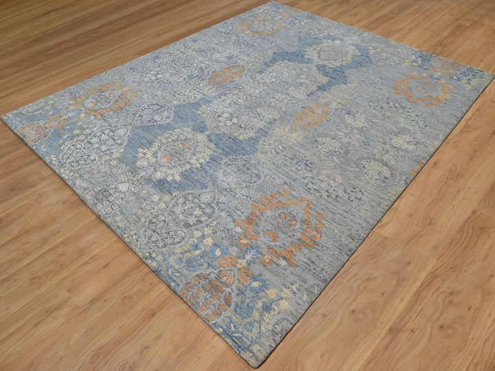 7'11" x 10'0" New Hand Knotted Grey Wool & Silk Rectangle Oriental Rug - MOA10291443
