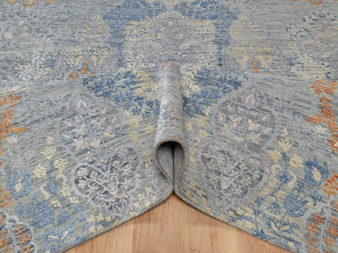 7'11" x 10'0" New Hand Knotted Grey Wool & Silk Rectangle Oriental Rug - MOA10291443