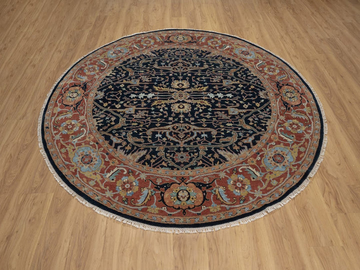 7'10" x 7'10" New Hand Knotted Blue Wool Round Oriental Rug - MOA10291522