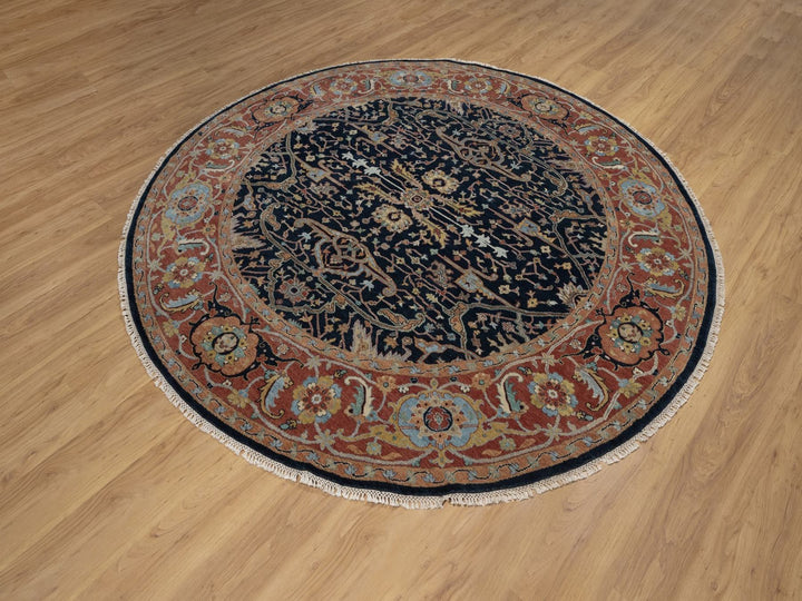 7'10" x 7'10" New Hand Knotted Blue Wool Round Oriental Rug - MOA10291522