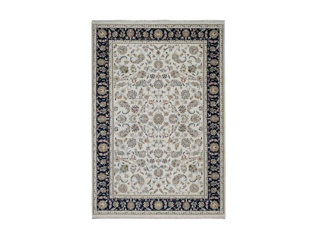 6'2" x 9'0" New Hand Knotted Ivory Wool & Silk Rectangle Oriental Rug - MOA10291526