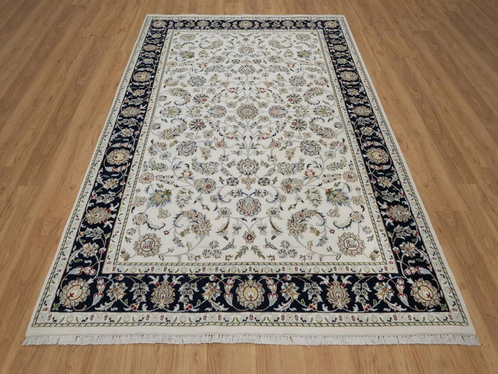 6'2" x 9'0" New Hand Knotted Ivory Wool & Silk Rectangle Oriental Rug - MOA10291526