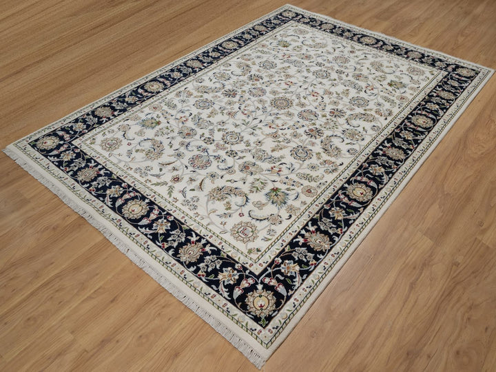 6'2" x 9'0" New Hand Knotted Ivory Wool & Silk Rectangle Oriental Rug - MOA10291526