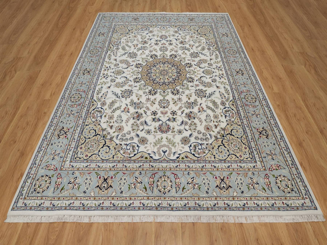7'11" x 10'1" New Hand Knotted Ivory Wool & Silk Rectangle Oriental Rug - MOA10291532