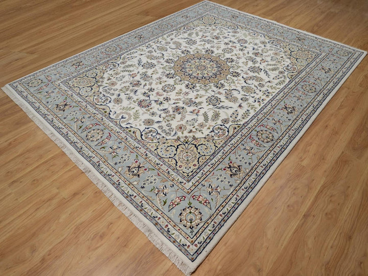 7'11" x 10'1" New Hand Knotted Ivory Wool & Silk Rectangle Oriental Rug - MOA10291532