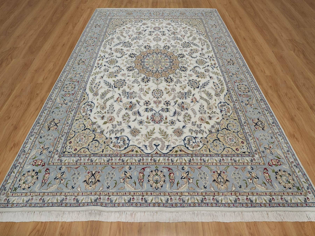 8'7" x 11'11" New Hand Knotted Ivory Wool & Silk Rectangle Oriental Rug - MOA10291547