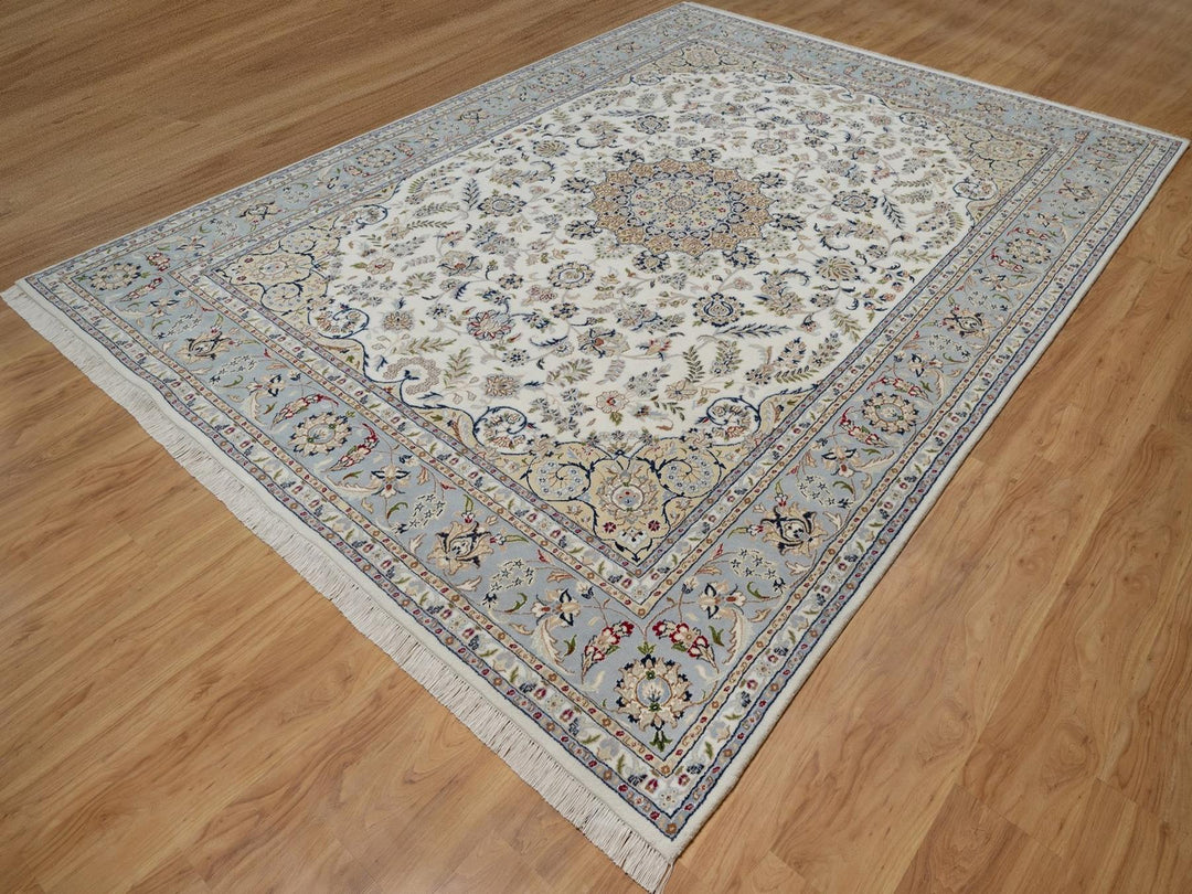 8'7" x 11'11" New Hand Knotted Ivory Wool & Silk Rectangle Oriental Rug - MOA10291547
