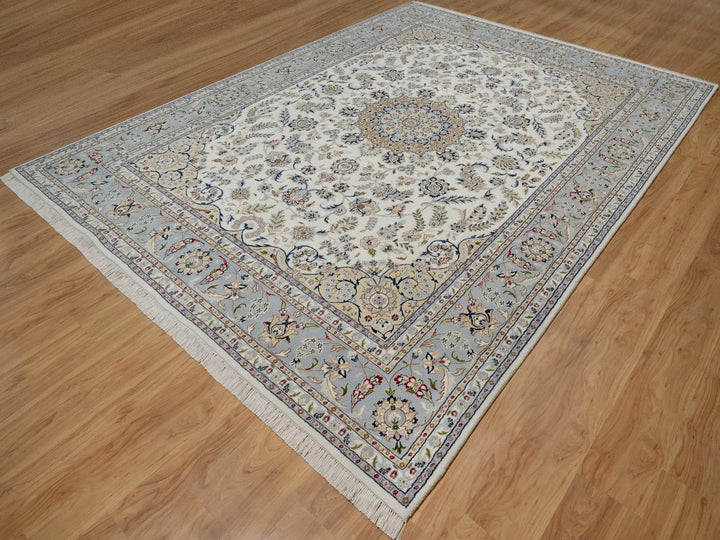 8'7" x 11'11" New Hand Knotted Ivory Wool & Silk Rectangle Oriental Rug - MOA10291547
