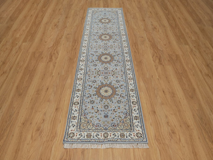 2'9" x 10'3" New Hand Knotted Blue Wool & Silk Runner Oriental Rug - MOA10291553