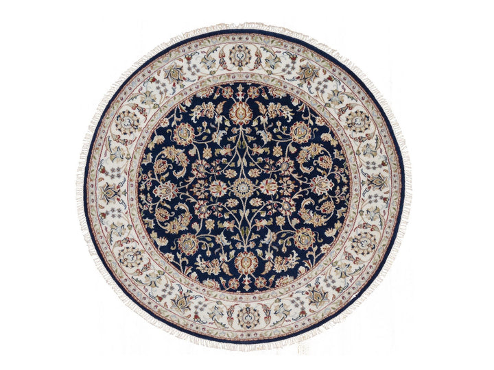 5'1" x 5'1" New Hand Knotted Blue Wool & Silk Round Oriental Rug - MOA10291556