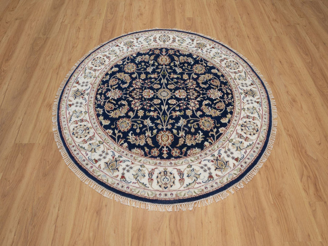 5'1" x 5'1" New Hand Knotted Blue Wool & Silk Round Oriental Rug - MOA10291556