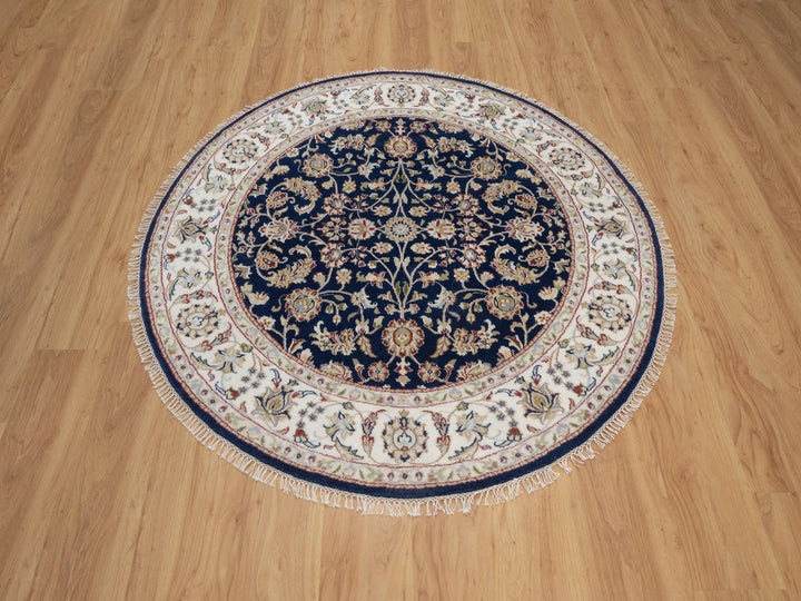 5'1" x 5'1" New Hand Knotted Blue Wool & Silk Round Oriental Rug - MOA10291556