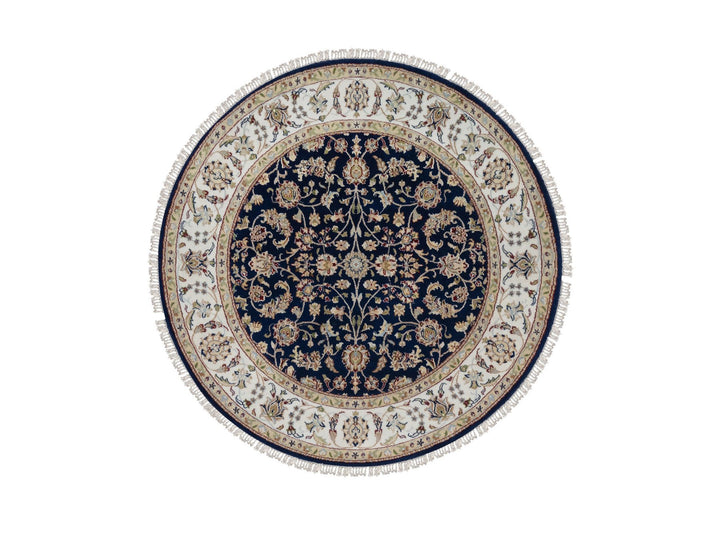 5'0" x 5'0" New Hand Knotted Blue Wool & Silk Round Oriental Rug - MOA10291557