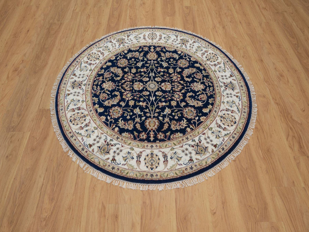 5'0" x 5'0" New Hand Knotted Blue Wool & Silk Round Oriental Rug - MOA10291557