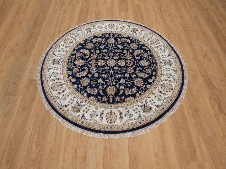 5'0" x 5'0" New Hand Knotted Blue Wool & Silk Round Oriental Rug - MOA10291557
