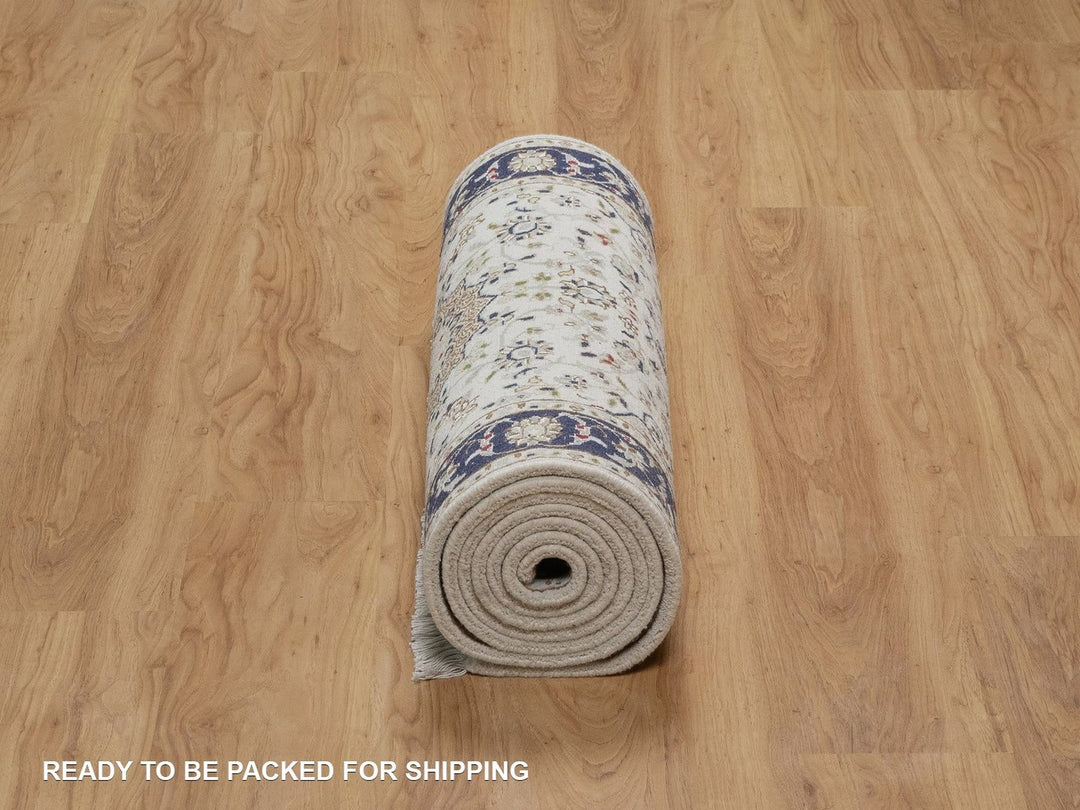 2'8" x 10'3" New Hand Knotted Ivory Wool & Silk Runner Oriental Rug - MOA10291559