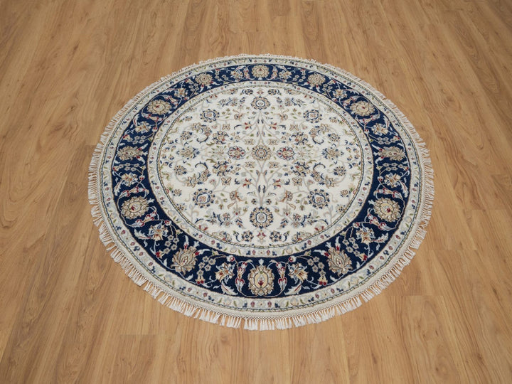 5'0" x 5'0" New Hand Knotted Ivory Wool & Silk Round Oriental Rug - MOA10291560