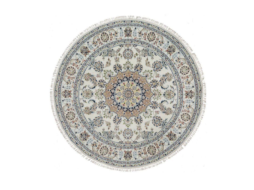 5'11" x 5'11" New Hand Knotted Ivory Wool & Silk Round Oriental Rug - MOA10291561