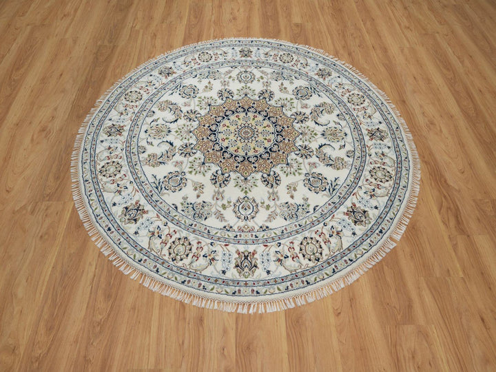 5'11" x 5'11" New Hand Knotted Ivory Wool & Silk Round Oriental Rug - MOA10291561