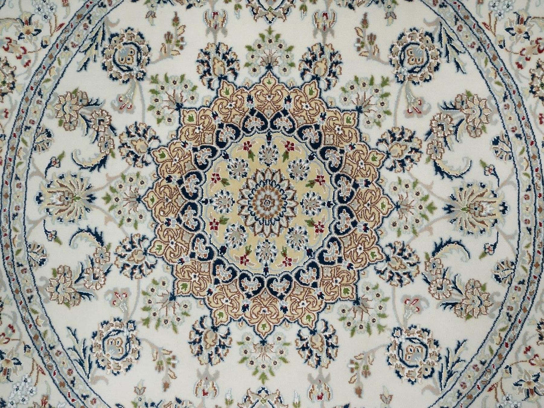 5'11" x 5'11" New Hand Knotted Ivory Wool & Silk Round Oriental Rug - MOA10291561