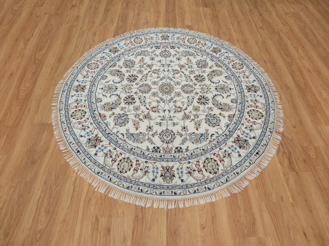 6'0" x 6'0" New Hand Knotted Ivory Wool & Silk Round Oriental Rug - MOA10291562