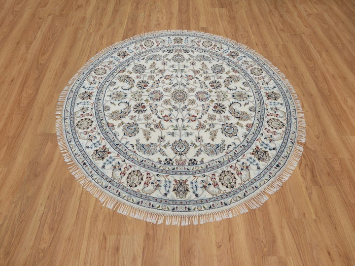 6'0" x 6'0" New Hand Knotted Ivory Wool & Silk Round Oriental Rug - MOA10291562