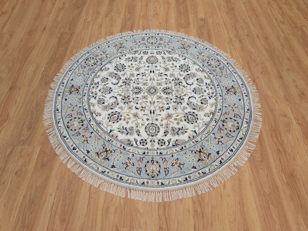 5'2" x 5'2" New Hand Knotted Ivory Wool & Silk Round Oriental Rug - MOA10291564