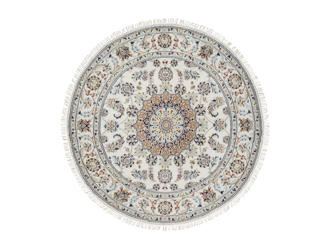 5'0" x 5'0" New Hand Knotted Ivory Wool & Silk Round Oriental Rug - MOA10291565