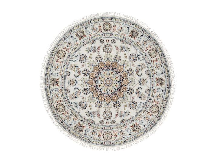 5'0" x 5'0" New Hand Knotted Ivory Wool & Silk Round Oriental Rug - MOA10291565