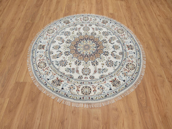 5'0" x 5'0" New Hand Knotted Ivory Wool & Silk Round Oriental Rug - MOA10291565