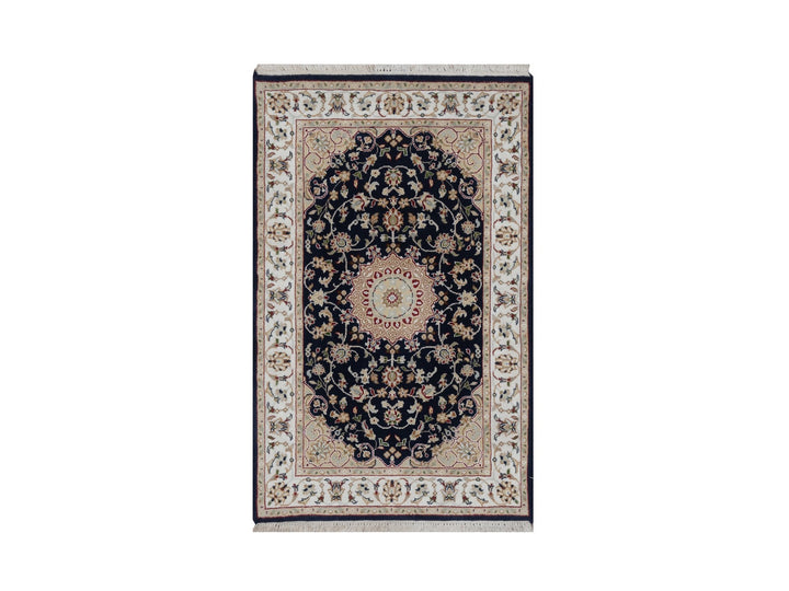 3'1" x 5'2" New Hand Knotted Blue Wool & Silk Rectangle Oriental Rug - MOA10291574