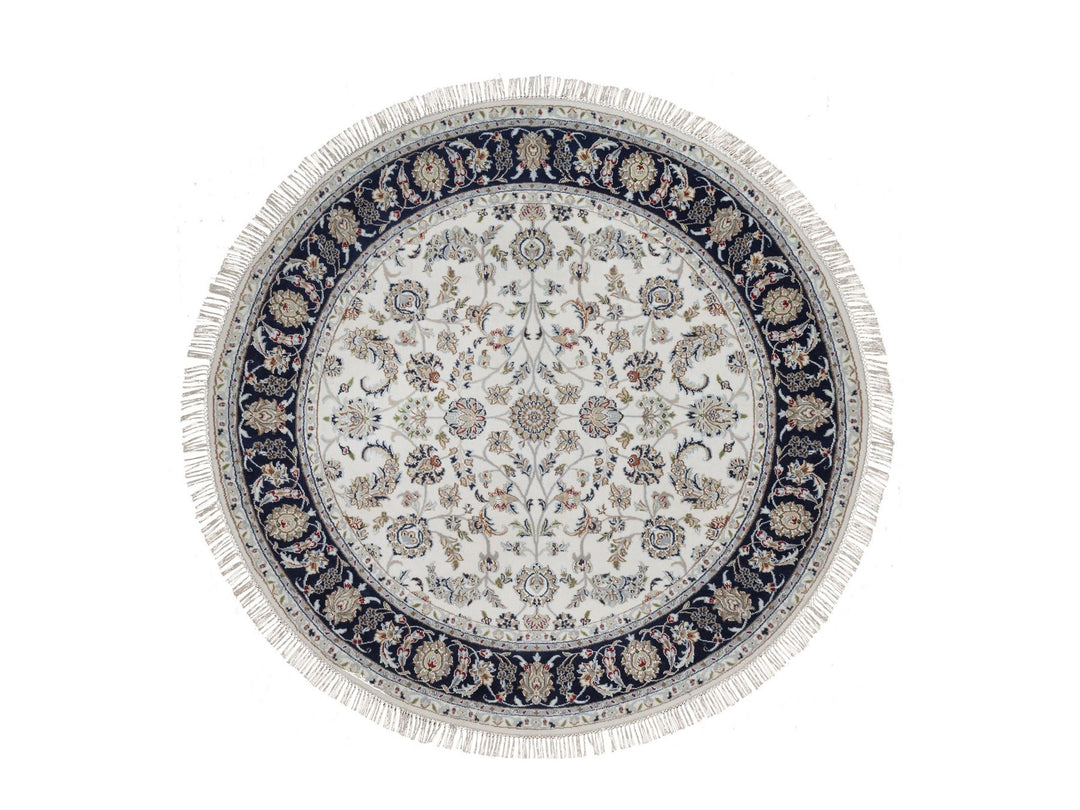 6'2" x 6'2" New Hand Knotted Ivory Wool & Silk Round Oriental Rug - MOA10291581