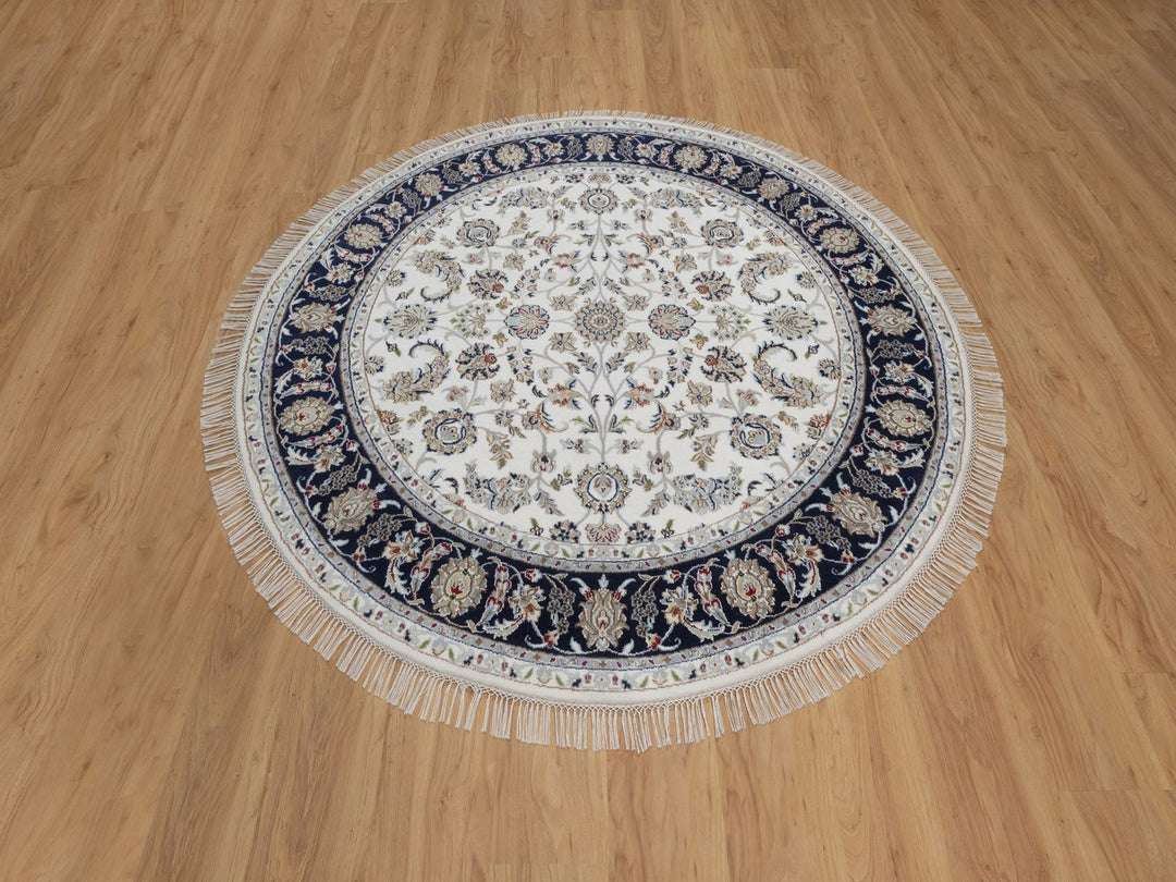 6'2" x 6'2" New Hand Knotted Ivory Wool & Silk Round Oriental Rug - MOA10291581