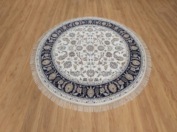 6'2" x 6'2" New Hand Knotted Ivory Wool & Silk Round Oriental Rug - MOA10291581