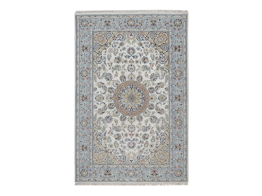 6'0" x 9'0" New Hand Knotted Ivory Wool & Silk Rectangle Oriental Rug - MOA10291586