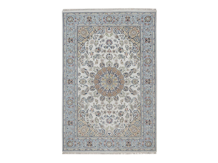 6'0" x 9'0" New Hand Knotted Ivory Wool & Silk Rectangle Oriental Rug - MOA10291586