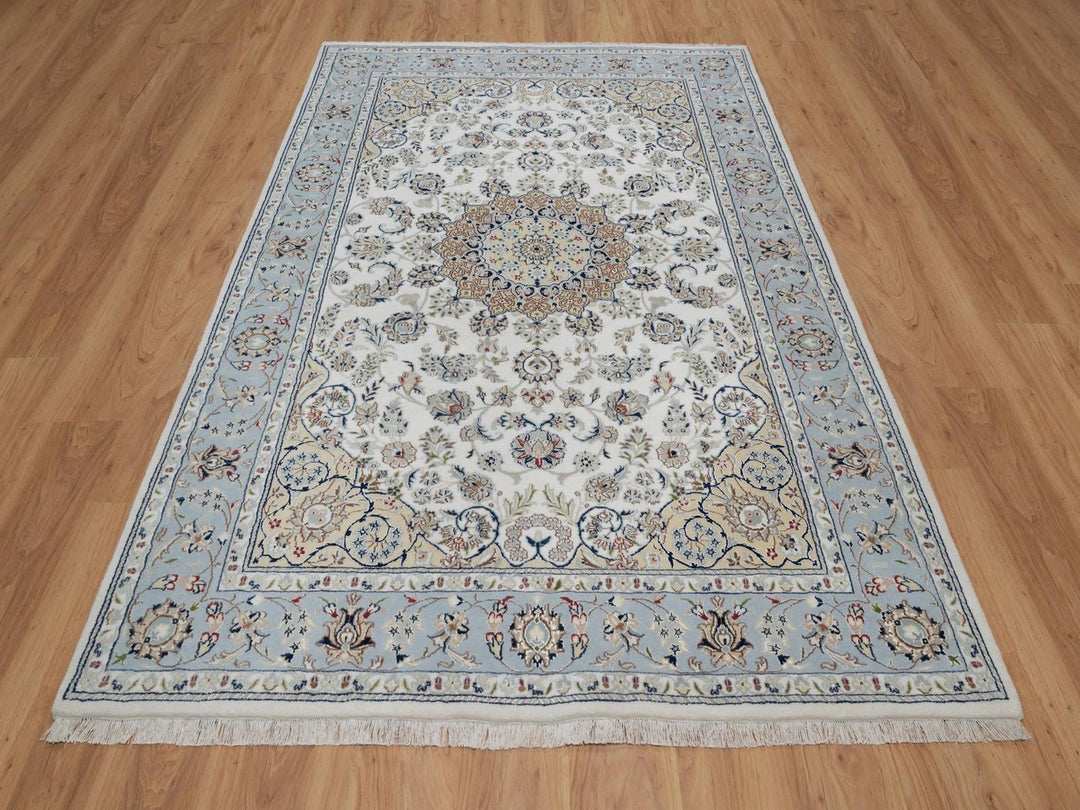 6'0" x 9'0" New Hand Knotted Ivory Wool & Silk Rectangle Oriental Rug - MOA10291586