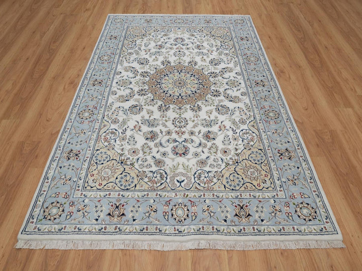 6'0" x 9'0" New Hand Knotted Ivory Wool & Silk Rectangle Oriental Rug - MOA10291586
