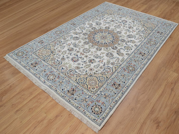 6'0" x 9'0" New Hand Knotted Ivory Wool & Silk Rectangle Oriental Rug - MOA10291586