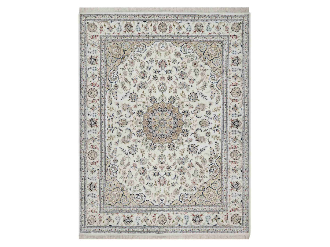 7'11" x 10'3" New Hand Knotted Ivory Wool & Silk Rectangle Oriental Rug - MOA10291598
